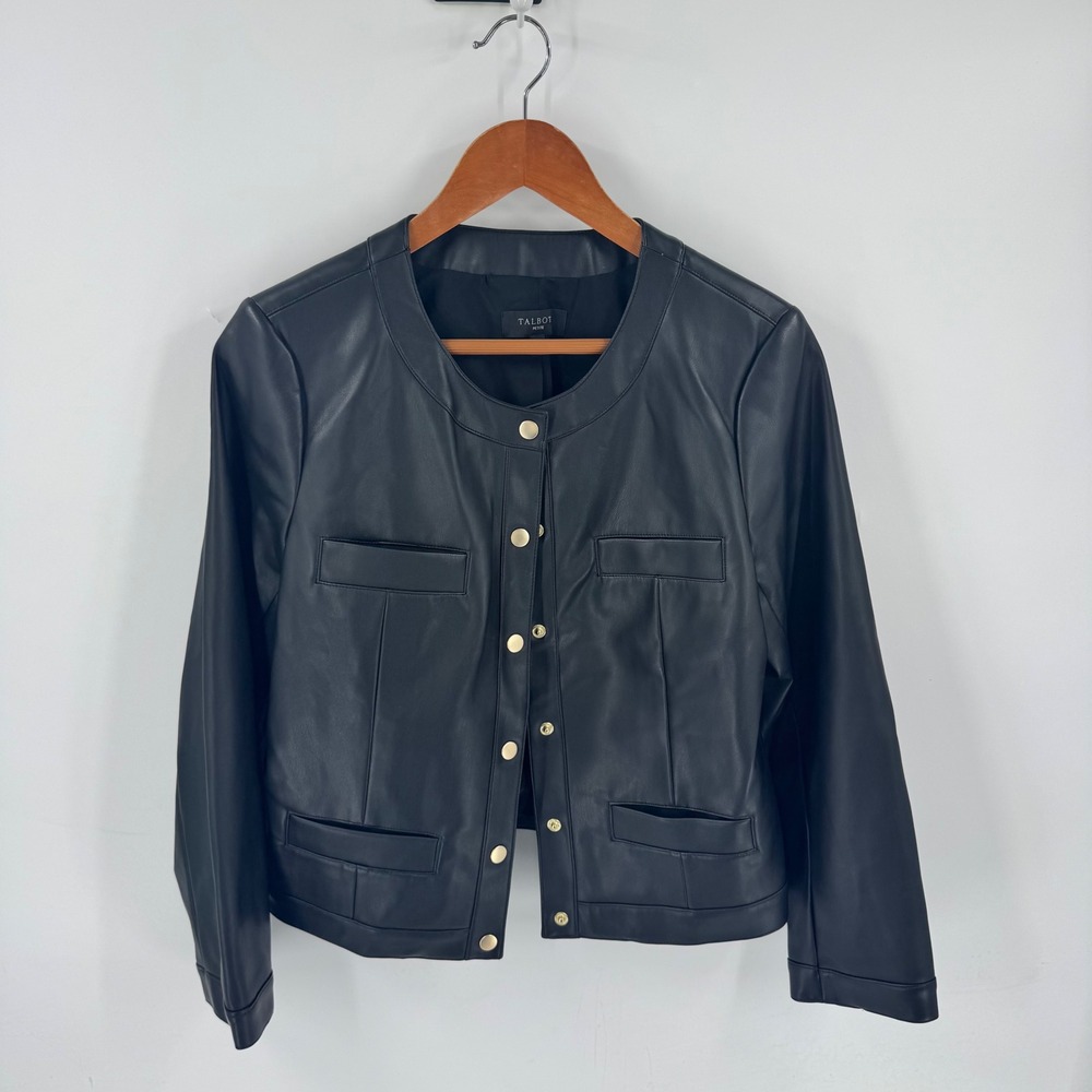 Talbots Faux Leather Jacket Black 12P Petite Gold Button Collarless Coat
